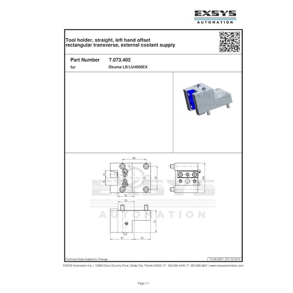 BMT, Okuma LBLU4000EX, Tool Holder, Straight, Left Hand Offset Rectangular Transverse